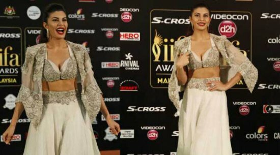 Jacqueline Fernandes wore a bold shimmering Anamika Khanna fusion lehenga outfit